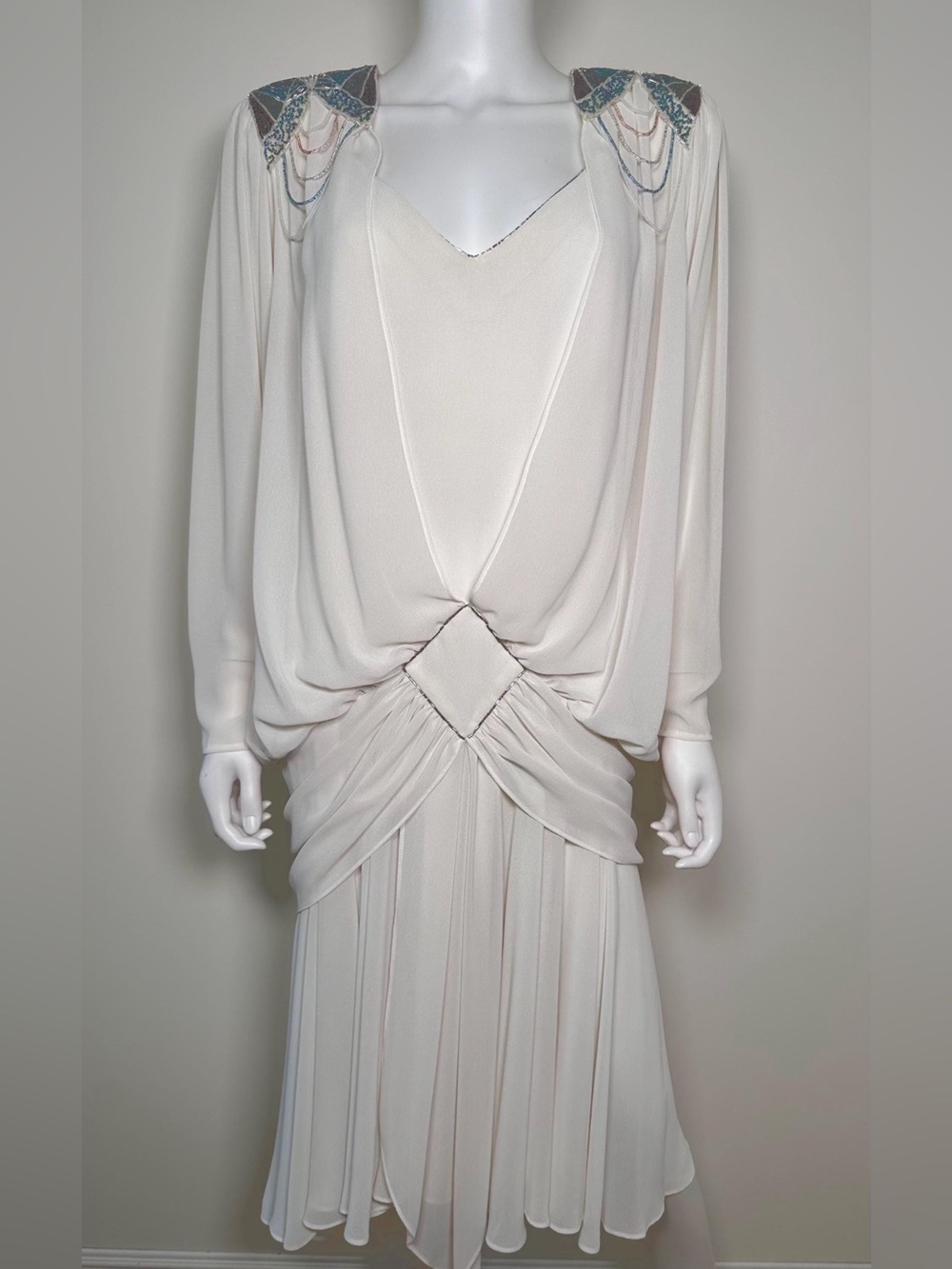 Vintage Casadei White Beaded Draped Cocktail Dress Bridal/Wedding/Courthouse